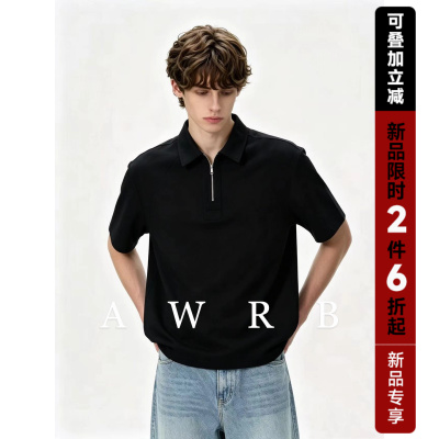 AWRB美式复古半拉链POLO衫短袖男女夏季翻领宽松休闲半袖T恤