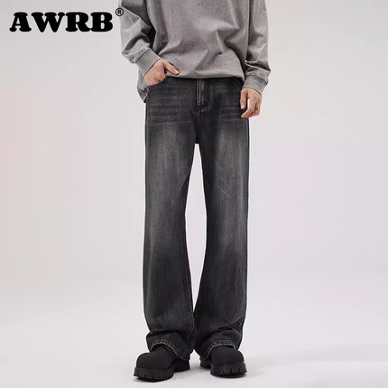 AWRB美式复古竹节纹微喇牛仔裤男水洗直筒cleanfit休闲百搭长裤