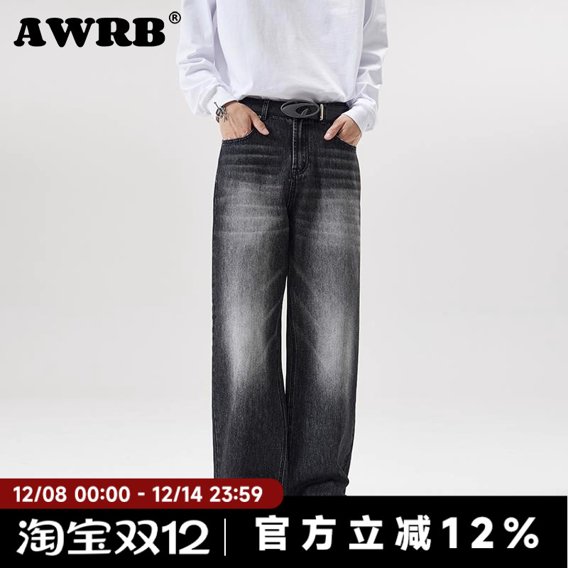 AWRB美式手工磨白做旧牛仔裤