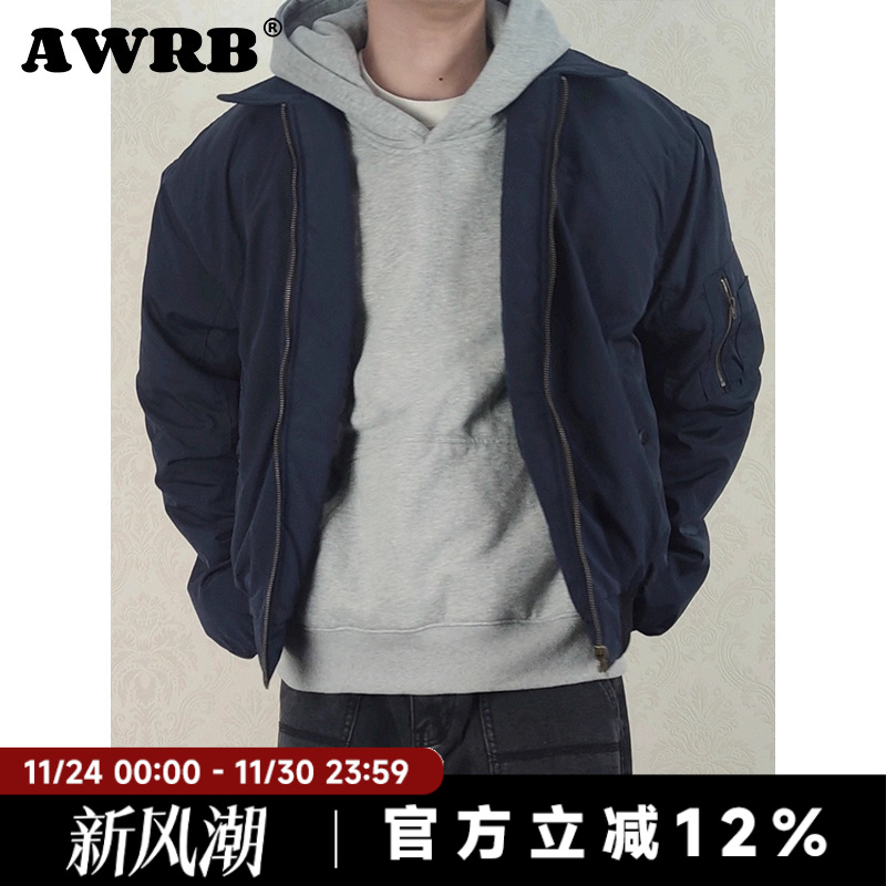 AWRB美式复古cleanfit翻领刺绣棉服男宽松休闲百搭简约外套