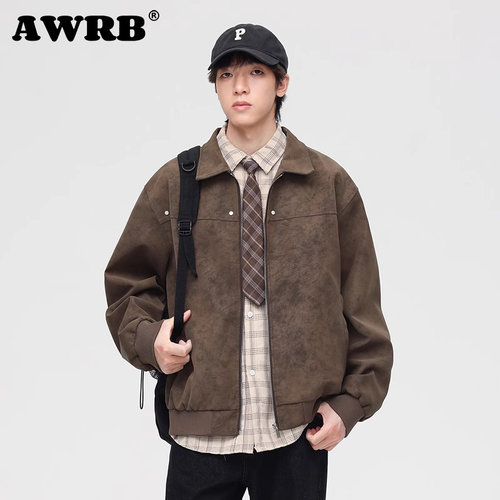 AWRB美式复古翻领皮衣男春秋季新款潮牌宽松百搭潮流夹克休闲外套