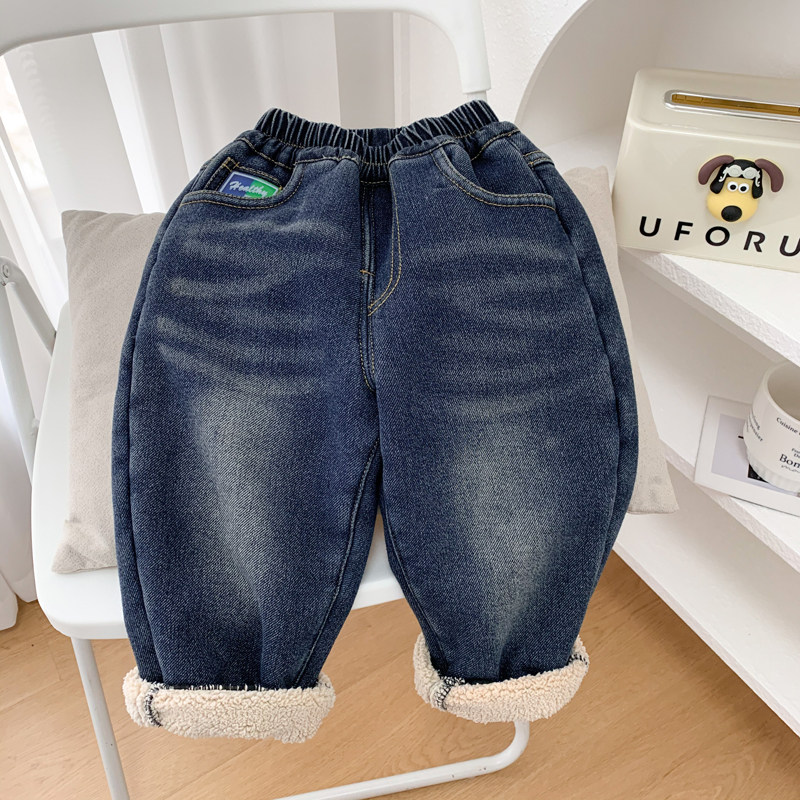 男童加绒加厚牛仔裤2023冬季新款儿童羊羔绒柔软裤子小童保暖长裤