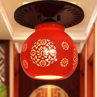 中式木艺吸顶灯景德镇中国红釉陶瓷阳台过道玄关单头吸顶灯具福字