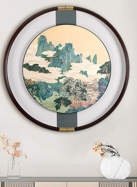 入户玄关装饰画圆形铜雕画led灯带九鱼图新中式过道走廊挂画高档