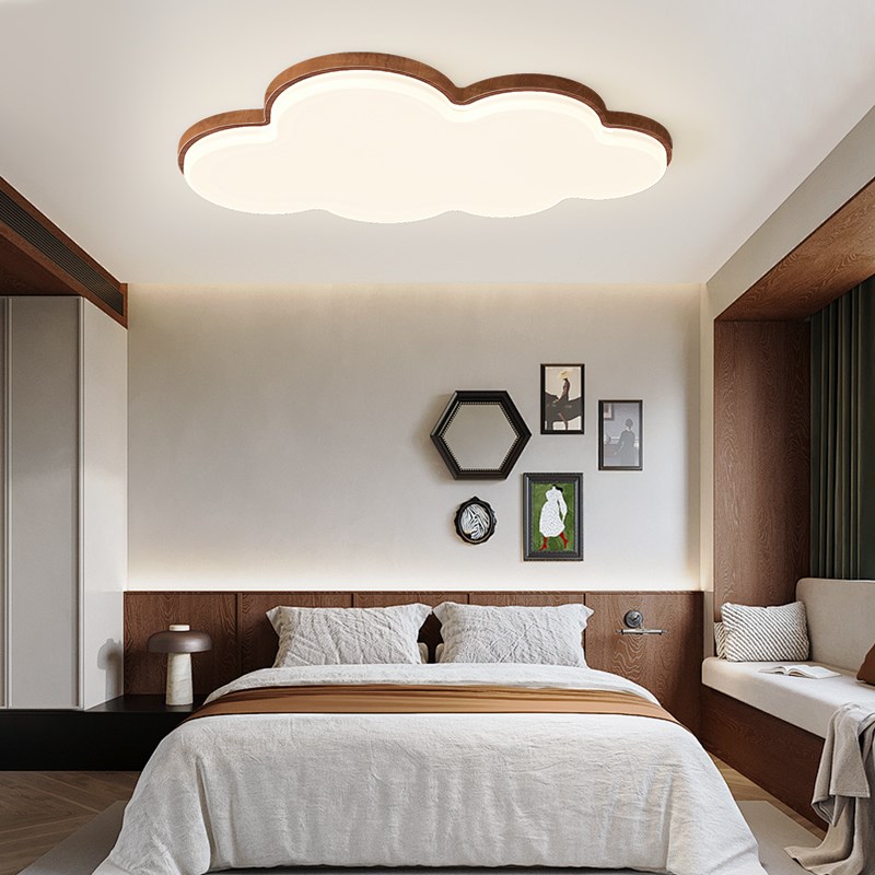 复古中古风卧室灯创意儿童房男孩女孩云朵吸顶灯胡桃木色中山灯具