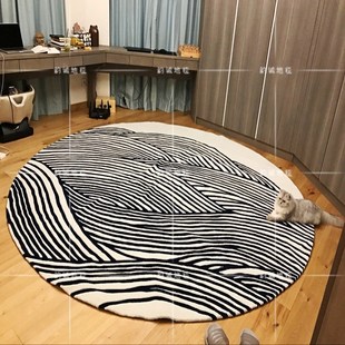 时尚几何黑白条纹圆形地毯客厅茶几沙发地毯卧室床边手工腈纶地毯