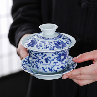 青花瓷三才盖碗复古茶碗茶杯陶瓷高档功夫茶具大容量单个泡茶盖碗