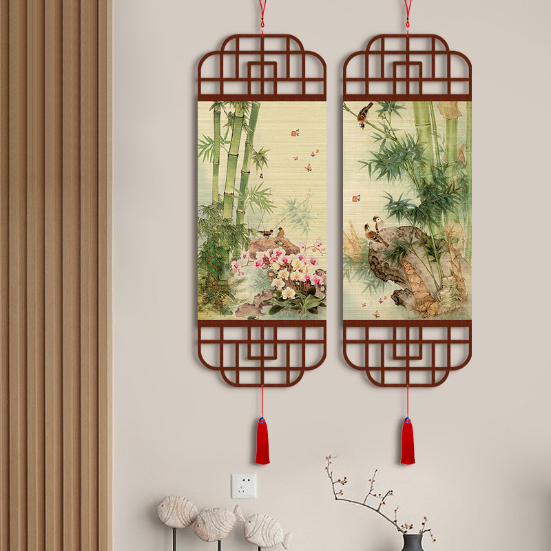 中式植物花卉风景竹编挂画玄关装饰画竹帘挂画茶室客厅书房竹帘画