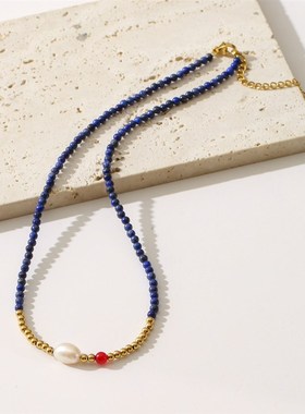 小众设计圆珠青金石极细珍珠项链女淡水真珍珠简约时尚百搭串珠女