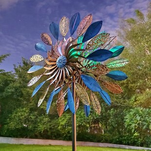 户外花园庭院装 饰品摆件铁艺工艺品带灯创意旋转镂空仿古蓝叶风车