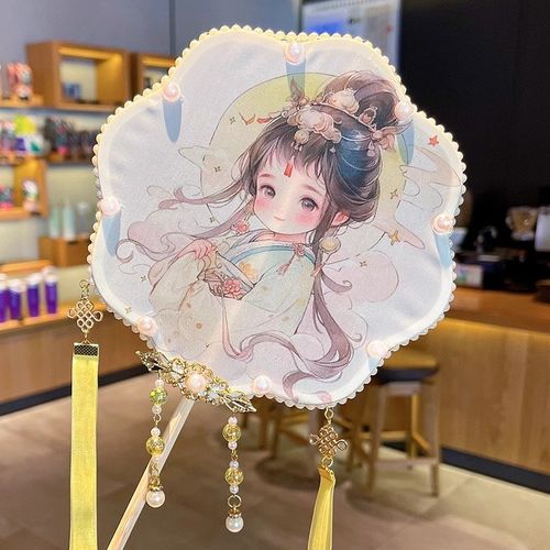 古风扇子刺绣绣花长木柄儿童成人团扇搭配汉服旗袍舞蹈走秀拍照扇