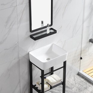 小户型落地式 陶瓷洗脸盆洗手盆卫生间不锈钢支架户外阳.台一体台