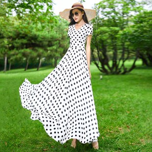 白色波点雪纺连衣裙2024新款夏收腰显瘦大摆长裙子法式长款到脚踝