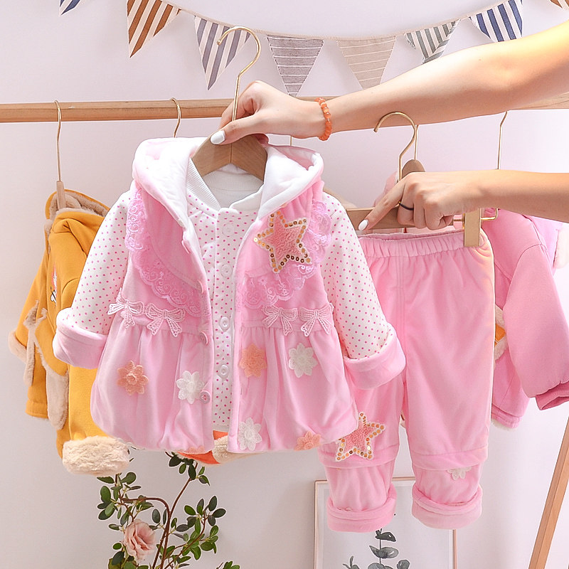 女宝宝冬装夹棉套装新生儿婴儿童装幼儿衣服秋冬季加厚棉衣三件套