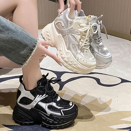 炸街厚底老爹鞋女2024年秋季新款内增高9cm小个子水Y钻休闲运动鞋