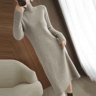 新款秋冬女装毛衣裙纯色修身长款过膝裙针织衫半高领打底连衣裙女
