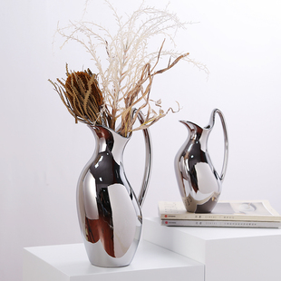 现代简约电镀银色陶瓷茶壶花瓶客厅样F板房插花花器极简艺术装饰