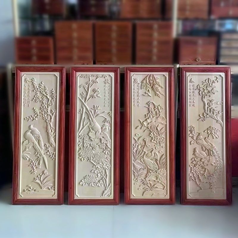 红木条屏春夏秋冬四条幅挂屏实木雕刻梅兰竹菊家居装Y饰画木雕中