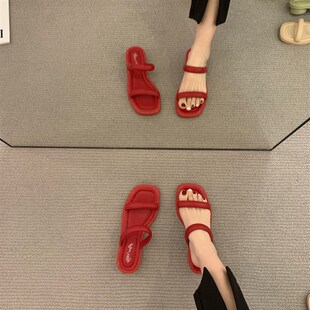 拖鞋女外穿c2023年夏季新款韩版百搭温柔仙女风配裙子粗跟露趾凉