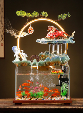 陶瓷流水生财貔貅招财循环水玻璃鱼缸客厅办N公室桌面摆件开业礼