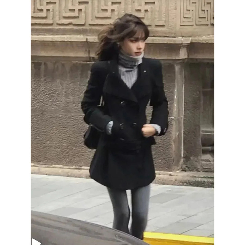 韩系黑色双排扣毛呢西装外套女秋冬新款高级感气质修身中长款大衣