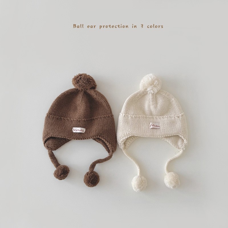 2025新款秋冬保暖针织帽男女宝宝加绒护耳帽可爱球球加厚毛线帽