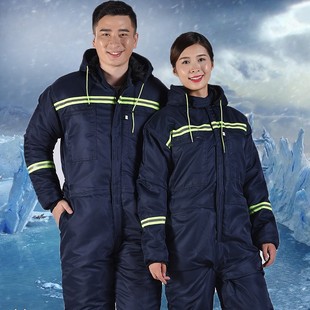 n男一体服防尘带帽防溅水劳保服加厚冷库水产 连体工作服棉衣套装