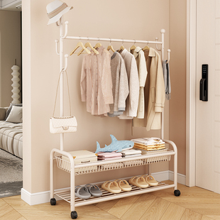 奶油风入户家 挂衣架落地卧室i可移动衣帽架晾衣置物架子2024新款