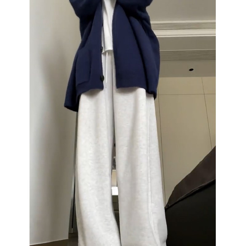 大码灰白色卫裤直筒垂感修身胖mm梨形身材裤子可束脚休闲运动裤潮