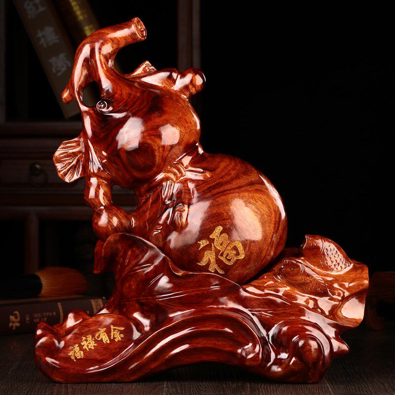 红木葫芦摆件实木雕鱼福禄有余祝寿礼品客厅玄关工艺品中式装饰品