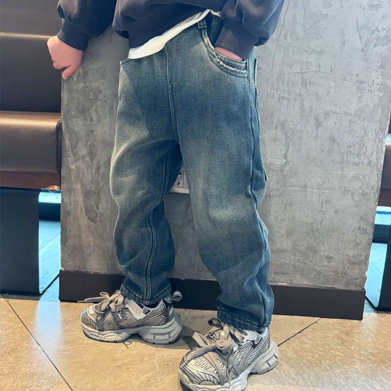 童装男童加绒牛仔裤子加厚萝卜裤小脚2024冬新款宝宝韩版儿童长裤