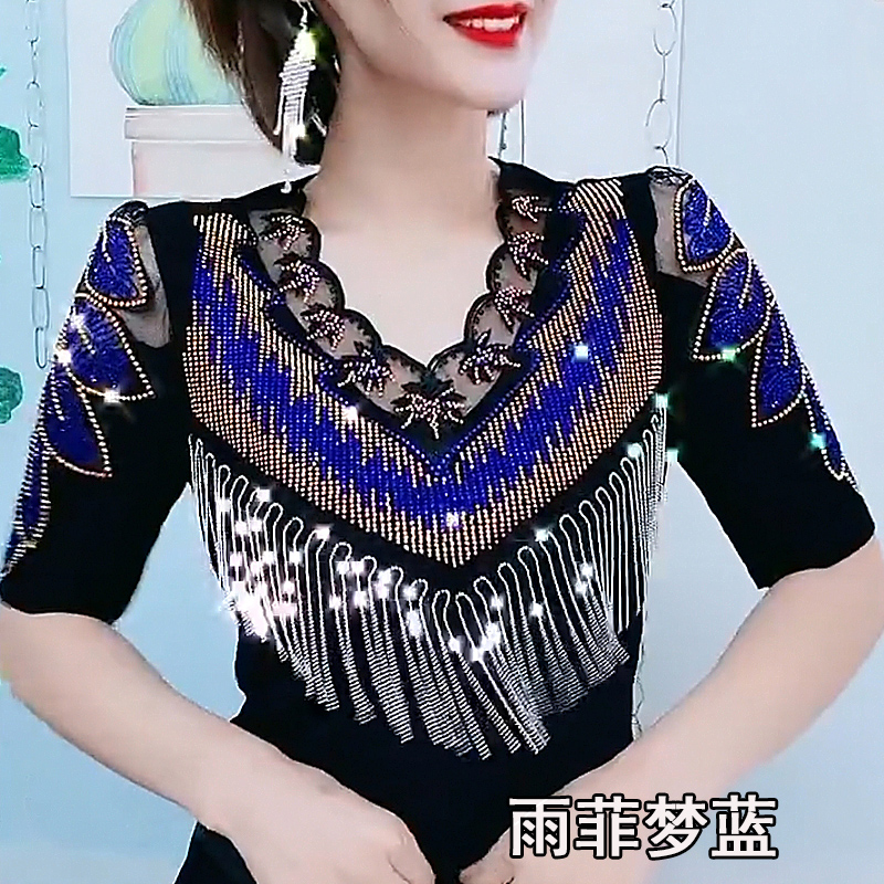 T恤女短袖2021夏季新款修身韩版重工烫钻流苏V领洋气打底衫上衣女