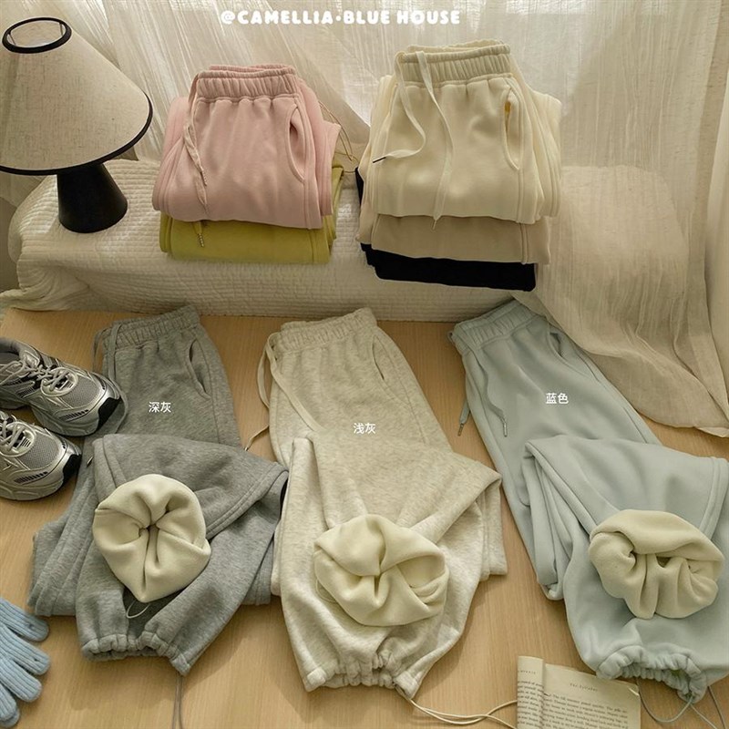 一条过冬~奶油莫兰迪加绒束脚阔腿两穿卫裤女宽松休闲哈伦运动裤