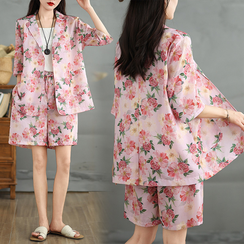 苎麻印花西装套装女夏宽松大码休闲西服外套+阔腿短裤气质两件套