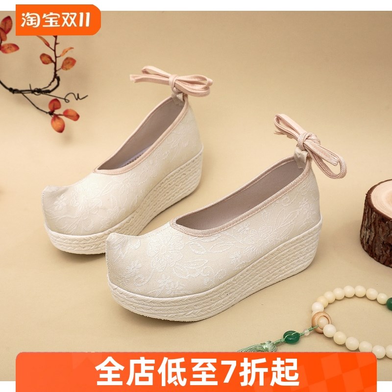 古风增高汉服鞋子女翘头浅口淡雅新中式白色单鞋学生表演绣花布鞋