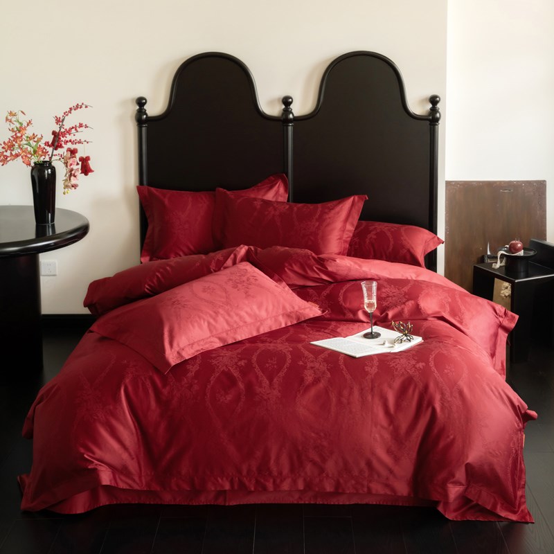 A类母婴级轻奢高级感大红色提花婚庆100支纯棉结婚床上用品四件套