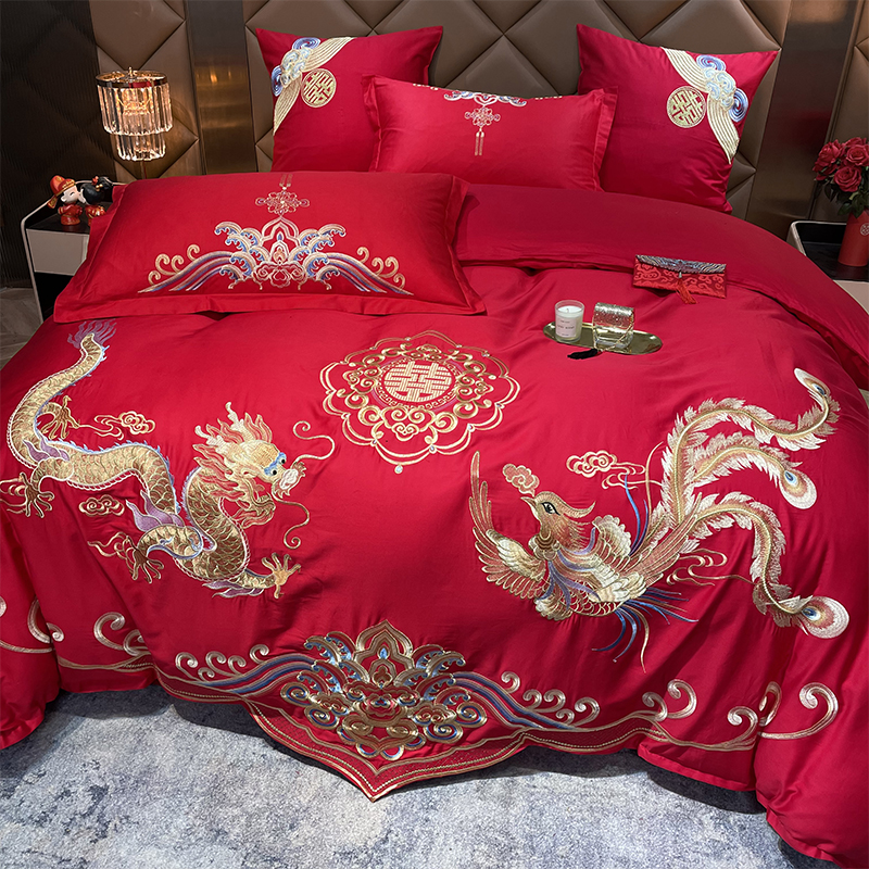 高端婚庆四件套大红纯棉龙凤喜被中式床单笠新结婚房嫁礼床上用品