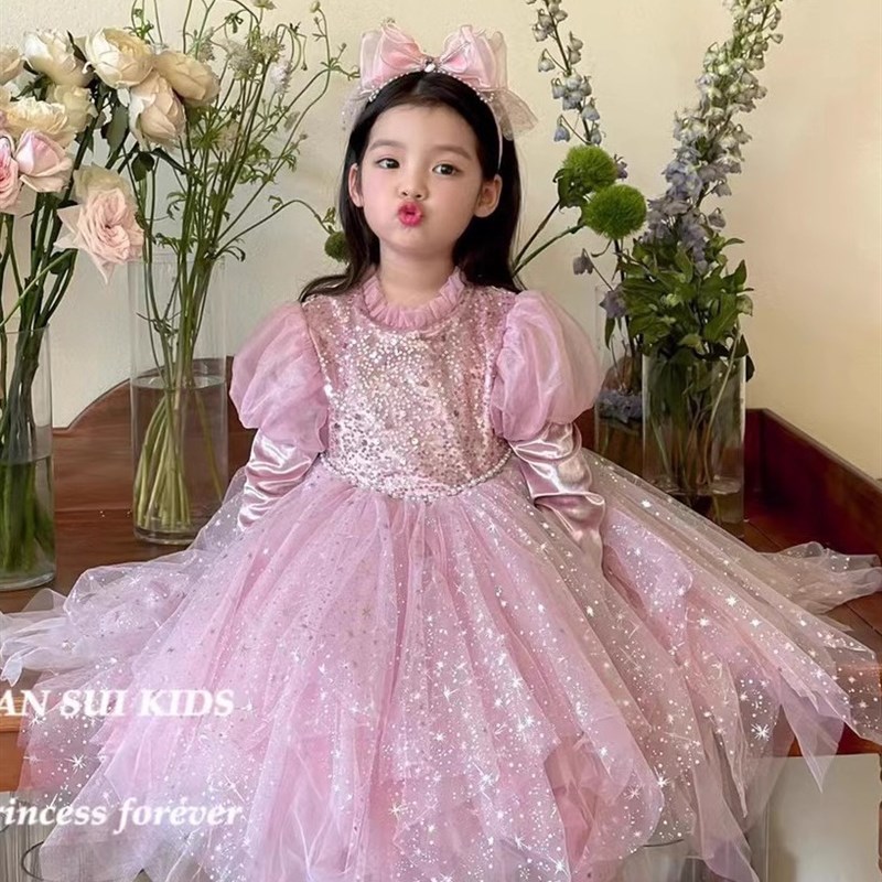 女童23秋季公主裙亮片泡泡袖长纱裙重工网纱大裙摆洋装生日礼服