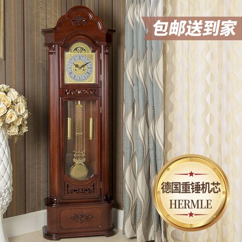 落地钟 实木手工雕刻复古简约欧式客厅座钟现代新中式报时机械钟