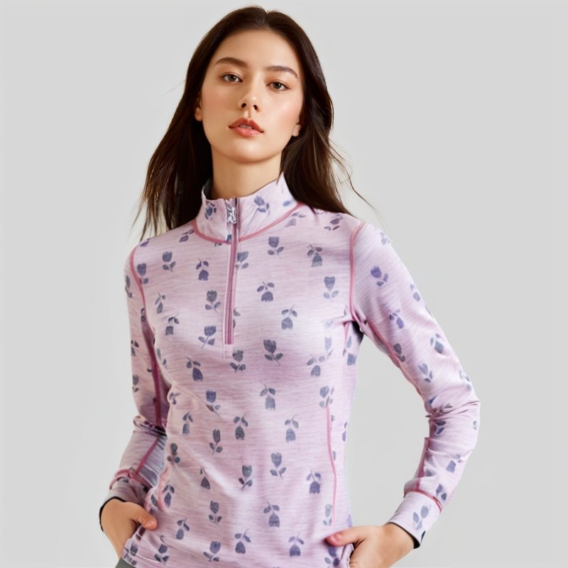 美利奴羊毛户外女士提花半拉链轻薄保暖排汗透气运动长袖上衣跑步