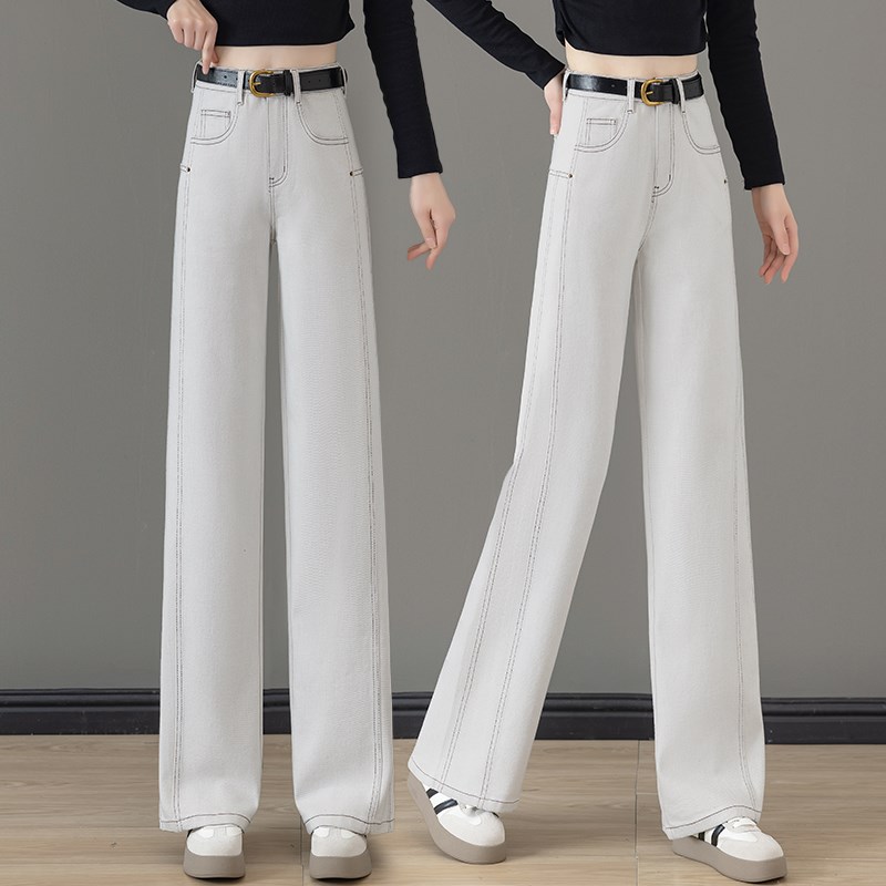 米白色阔腿牛仔裤女春秋2025新款高腰显瘦宽松简约百搭直筒裤子