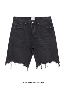 IDLT 毛边黑色牛仔短裤 夏季新款 黑色牛仔五分裤子中裤 水洗简约
