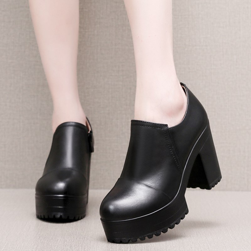 真皮深口单鞋女防水台粗跟走秀高跟鞋侧拉链圆头加绒裸靴厚底皮鞋