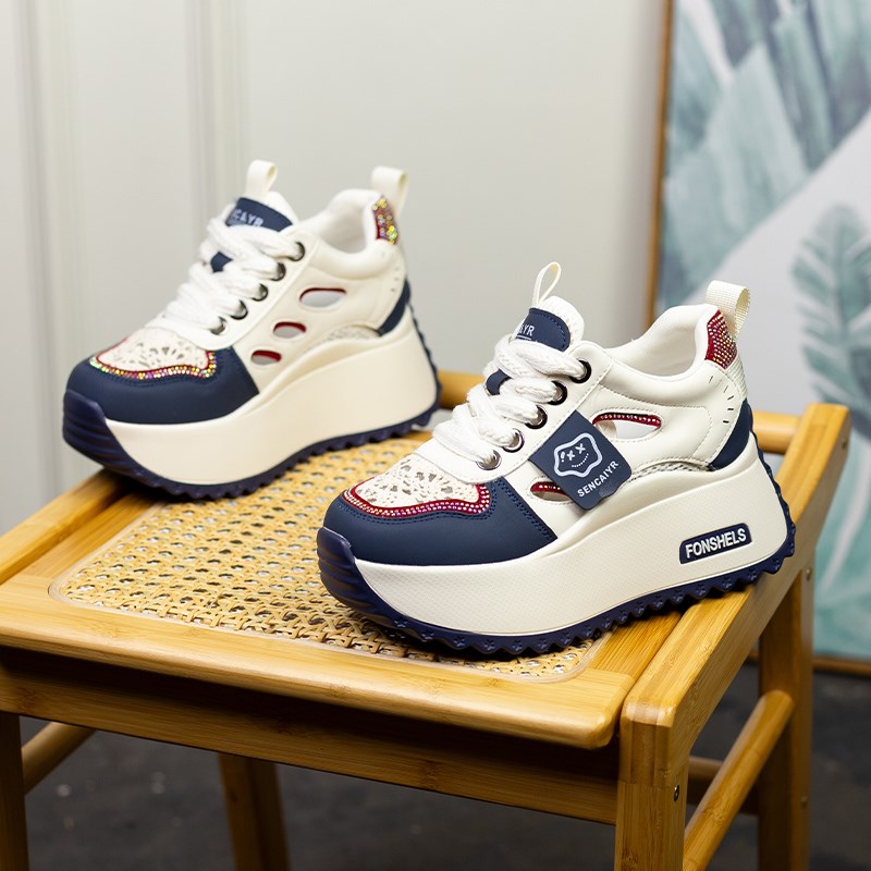 8cm镂空时尚休闲鞋女2025夏季新款网纱透气小白鞋内增高厚底鞋