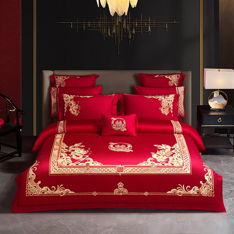 高端婚庆四件套婚嫁床品刺绣被套红色结婚礼婚房婚床喜庆中式套件