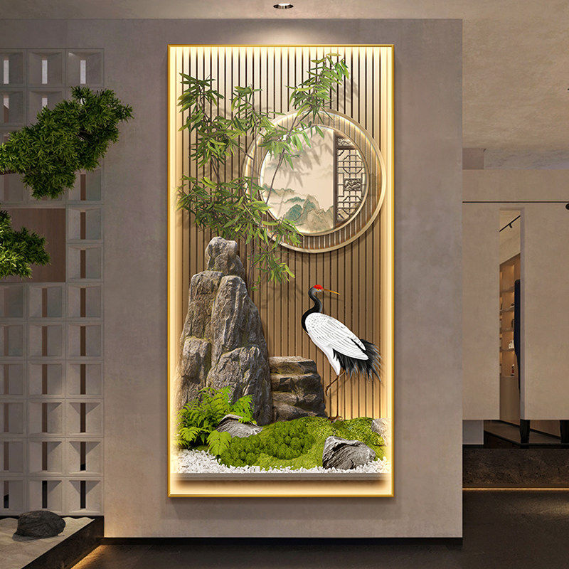 新中式流水生财玄关装饰画竹报平安走廊挂画竹子茶室入户带灯壁画