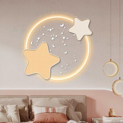 现代简约LED星星装饰画儿童房卡通图案氛围灯少女风卧室背景壁画
