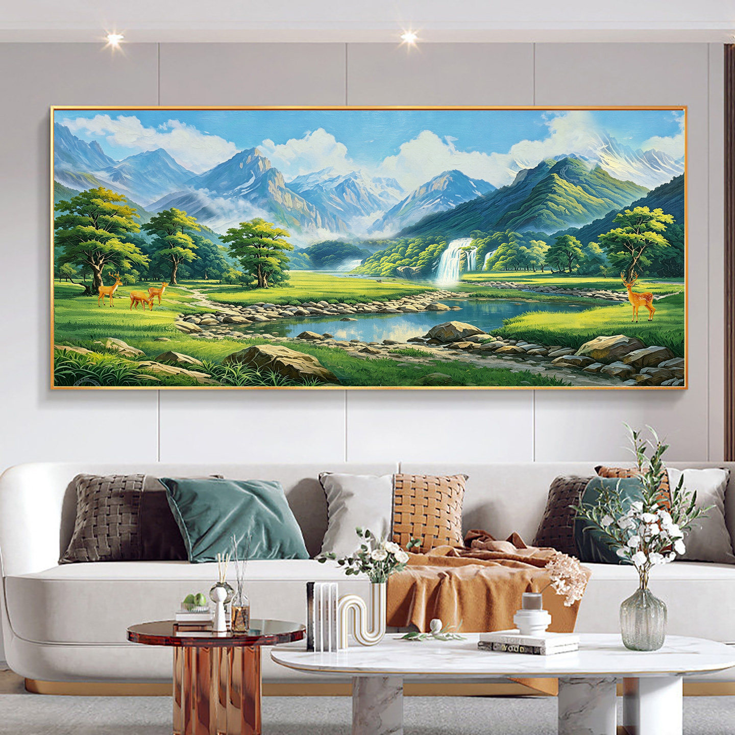 青山绿水客厅挂画聚宝盆山水画现代简约西墙聚财沙发背景墙装饰画