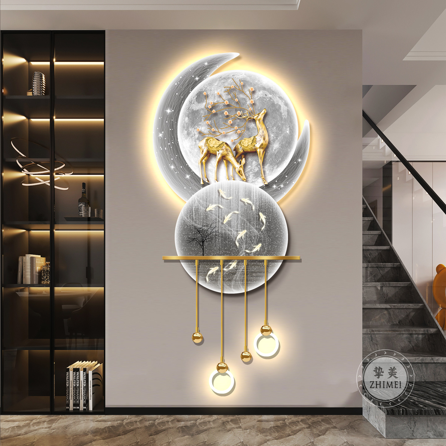 现代轻奢玄关装饰画福鹿九鱼图立体发光灯画入户进门走廊过道挂画图片