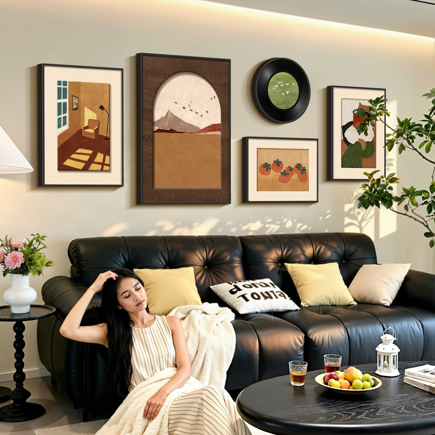 中古风客厅装饰画背有靠山沙发背景墙挂画小众艺术复古组合墙壁画